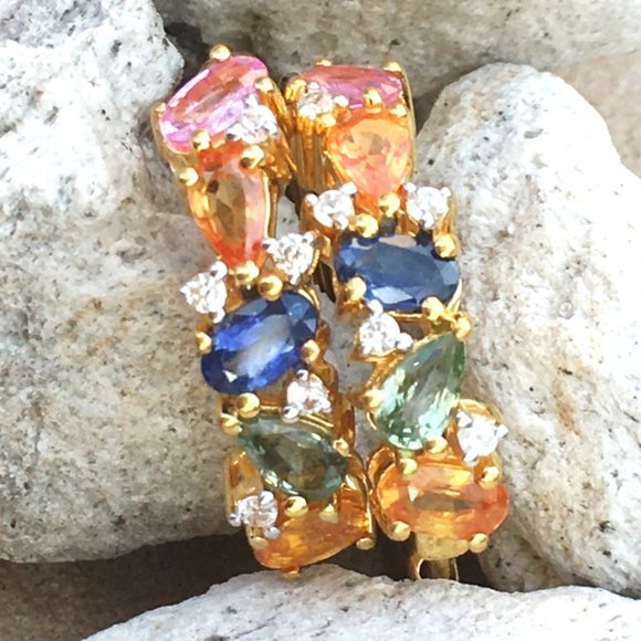 Rainbow Sapphire Gold Vermeil Hoop Earrings Genuine Gemstones Blue Pink Orange - Picture 1 of 16